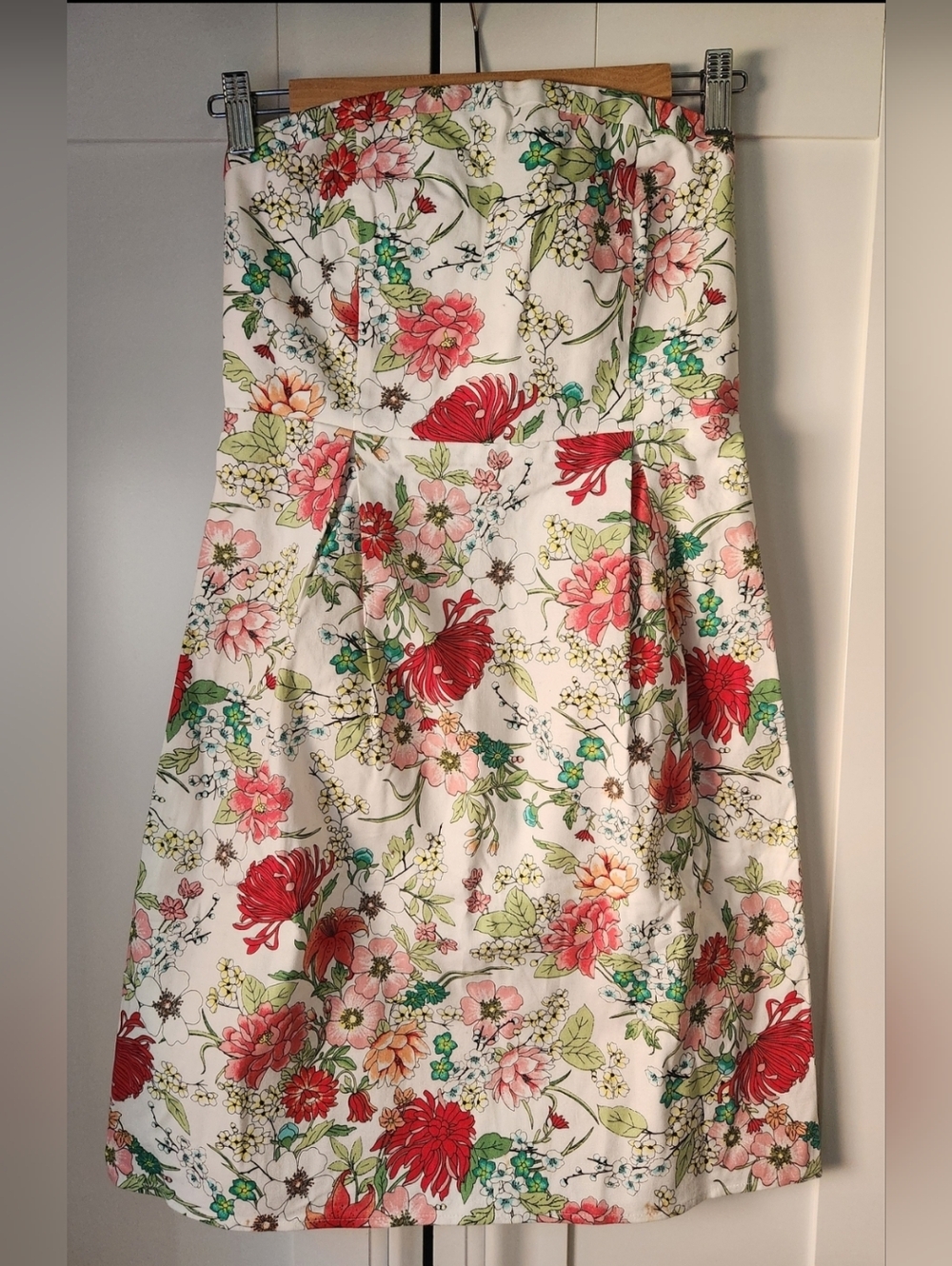 Floral Strapless Sundress - White with Red, Pink & Green Blooms